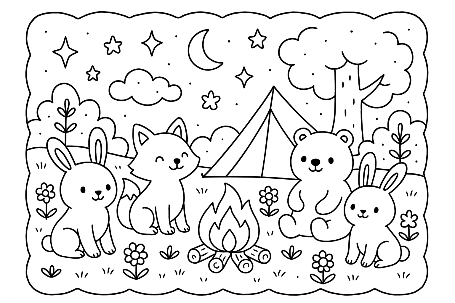 Bichinhos em volta da fogueira - Desenho estilo Bobbie Goods