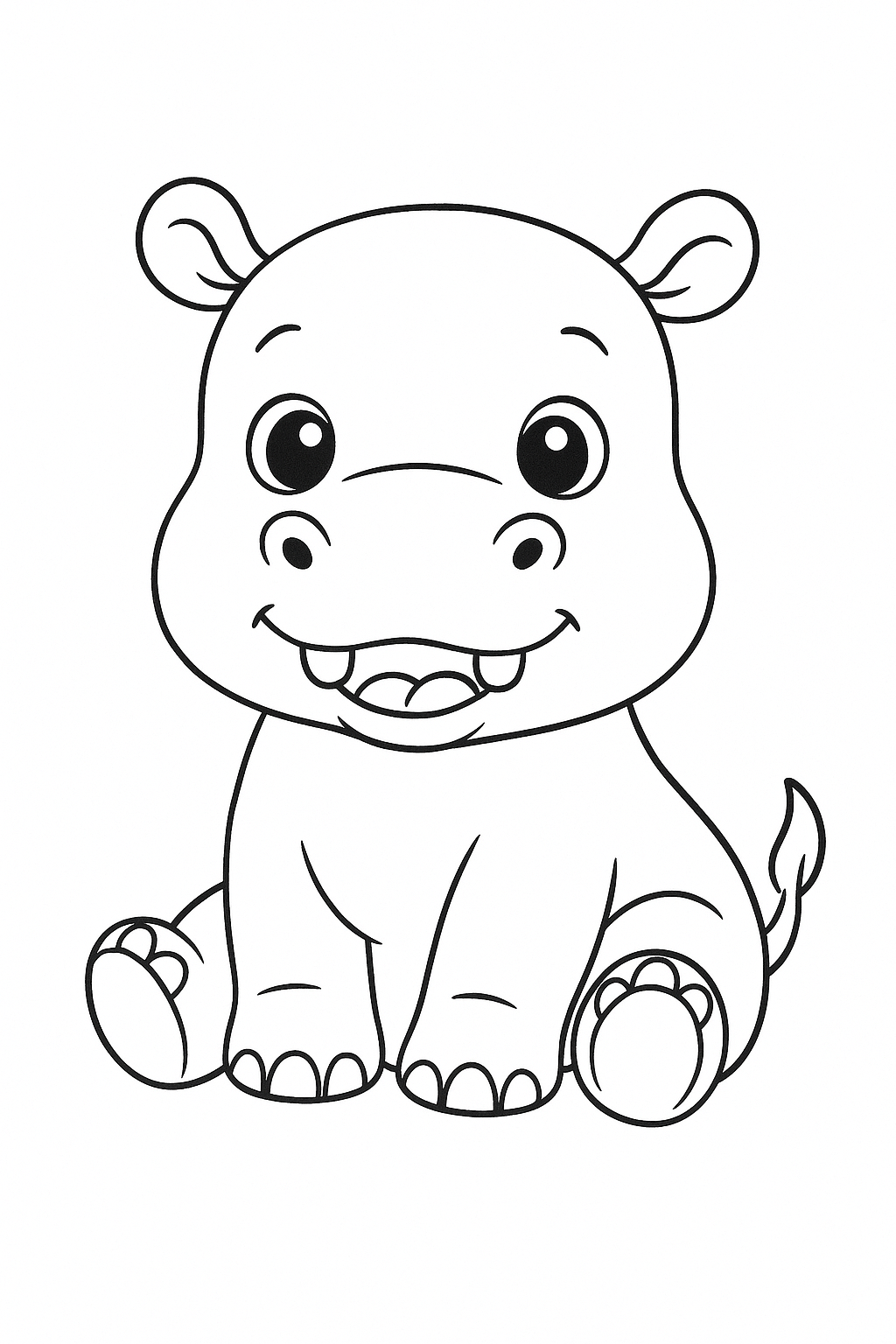 Desenho infantil de hipopótamo bebê sentado e sorrindo, com dentes, pronto para imprimir e colorir