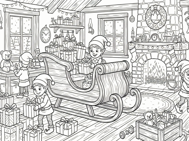 desenho natalino da oficina do papai noel para colorir