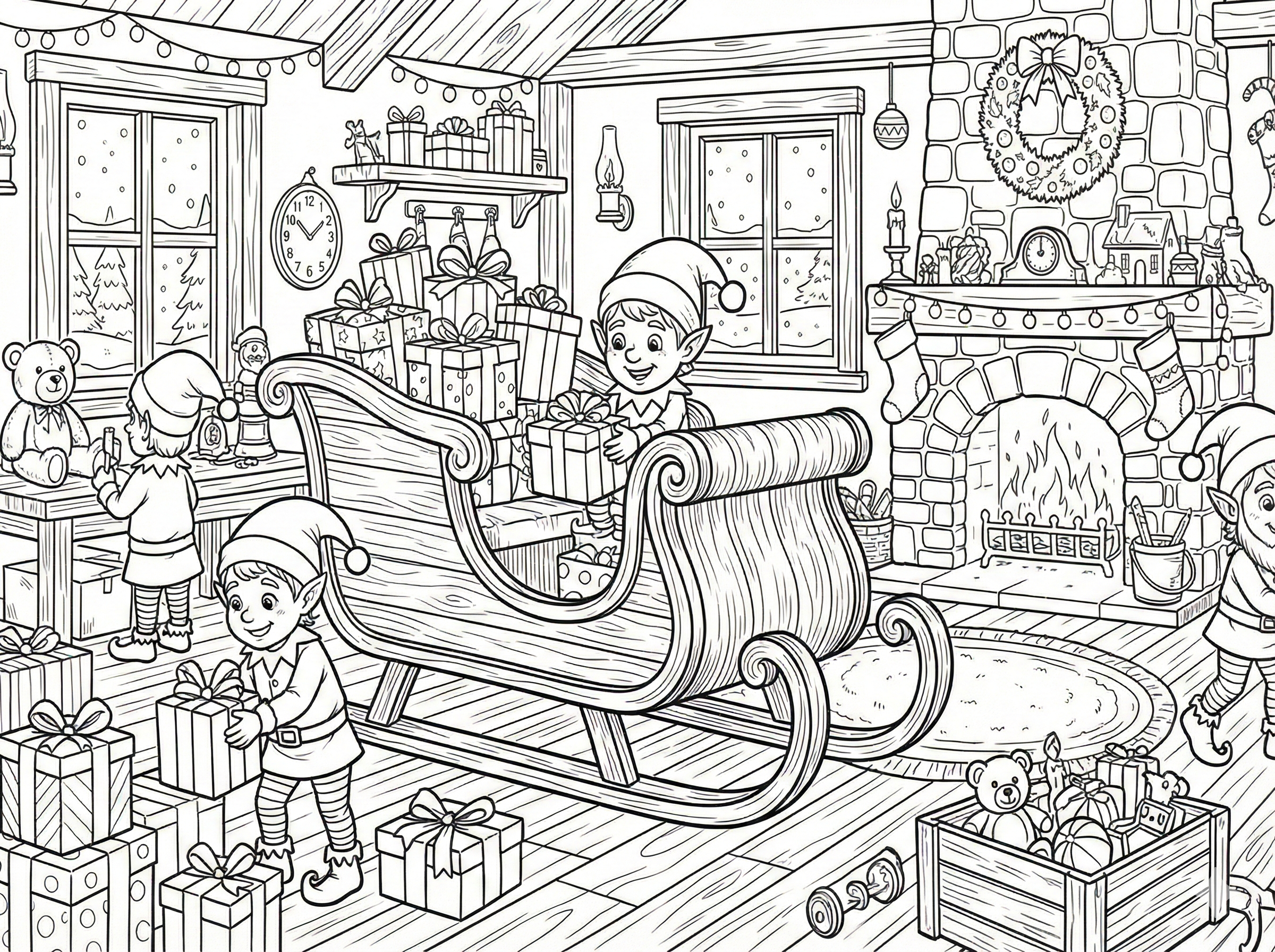 desenho natalino da oficina do papai noel para colorir