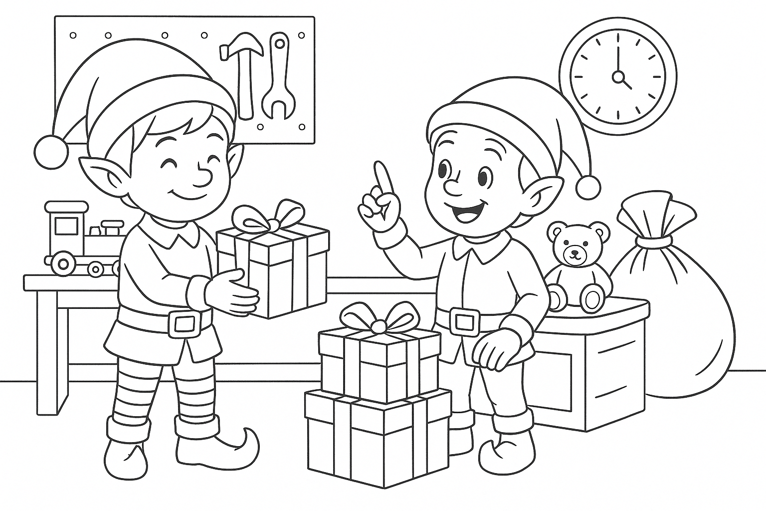 desenho para colorir de duendes na oficina do Papai Noel