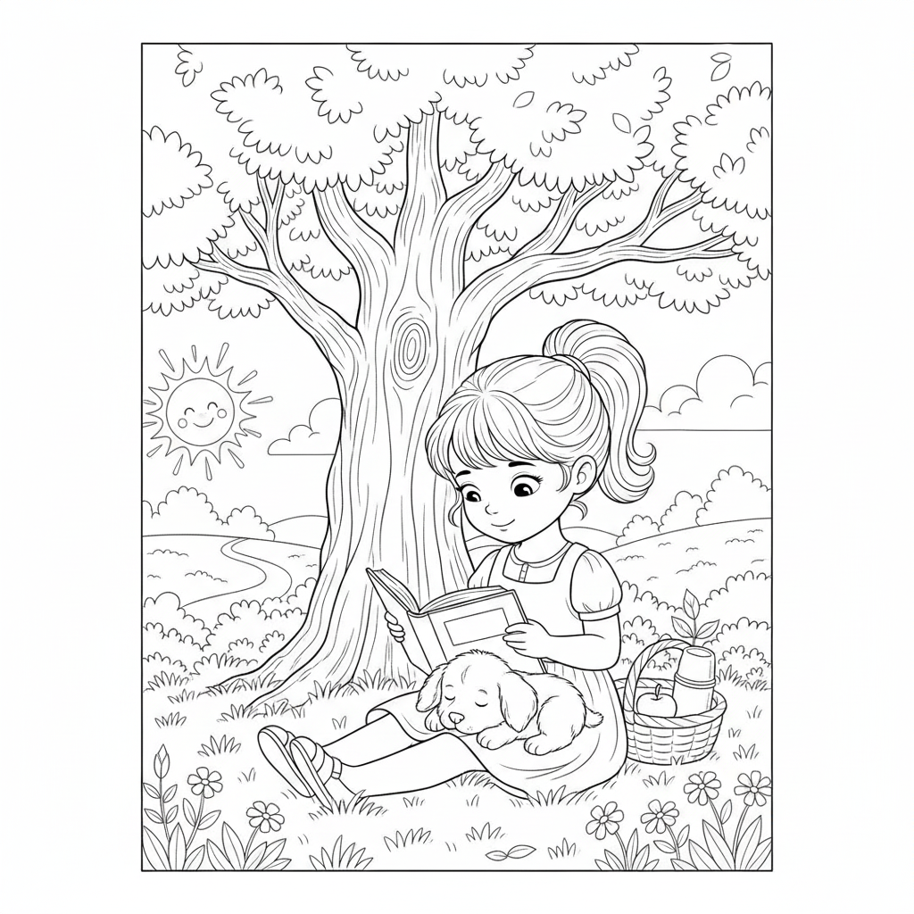 desenho de menina lendo com cachorrinho no colo para colorir