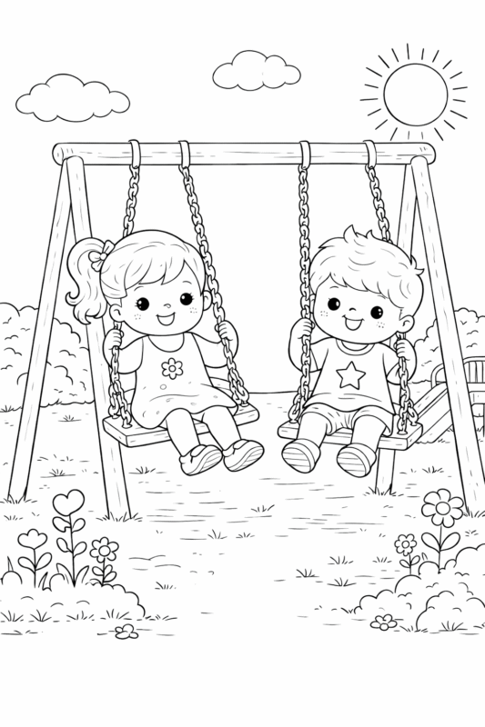 desenho de crianças brincando no balanço para colorir