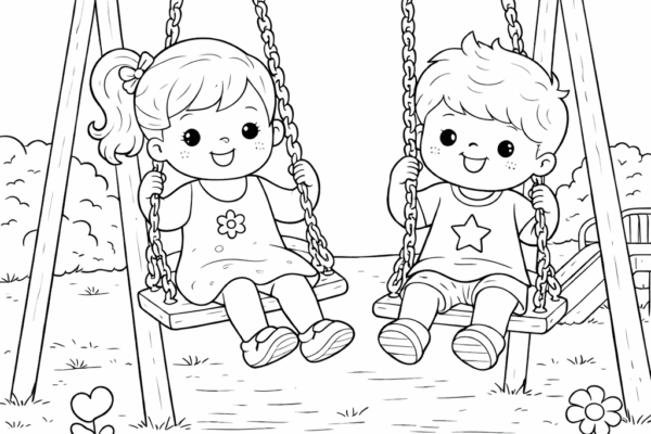 desenho de crianças brincando no balanço para colorir