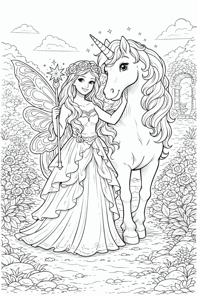 desenho de fada com unicórnio para colorir