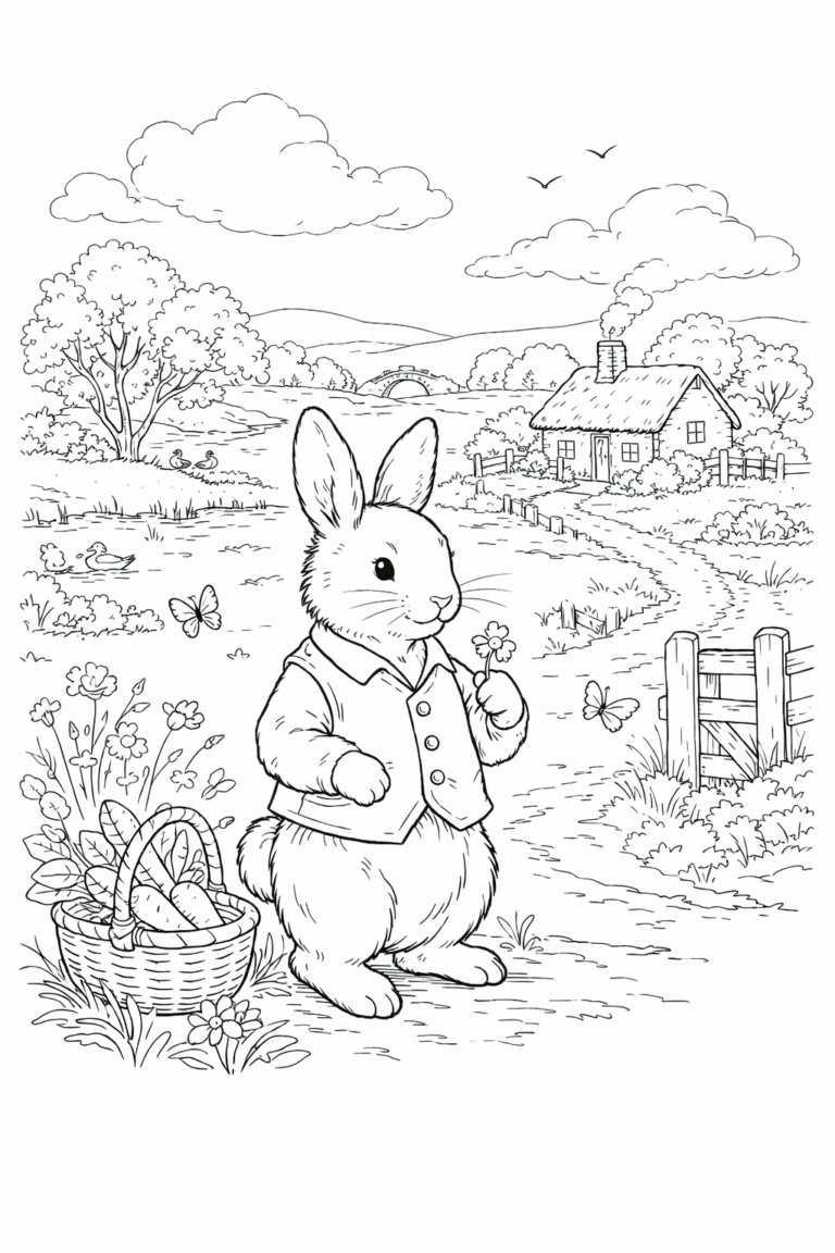 Desenho detalhado de coelhinho para colorir estilo Peter Rabitt