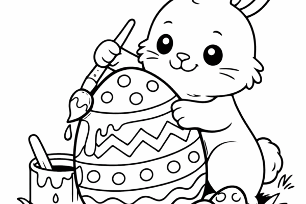 Desenho de coelhinho da Páscoa pintando ovo para colorir e imprimir (atividade infantil)