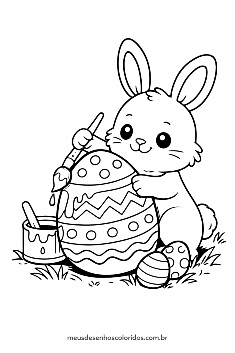 Desenho de coelhinho da Páscoa pintando ovo para colorir e imprimir (atividade infantil)
