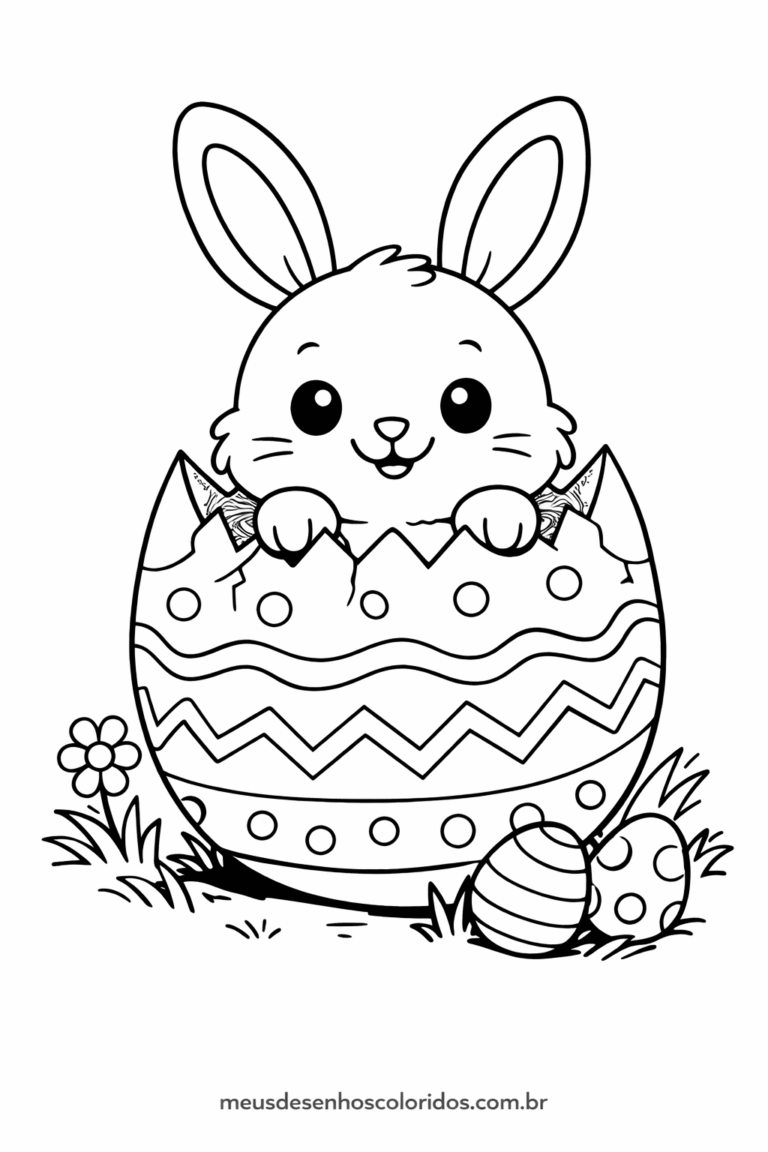 Desenho de coelhinho dentro do ovo de Páscoa para colorir e imprimir (atividade infantil)