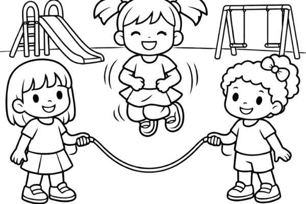 desenho de crianças pulando corda para colorir
