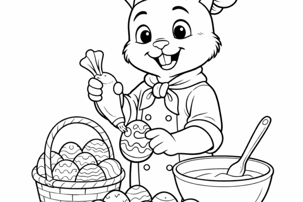 Desenho de coelhinho da Páscoa chef de cozinha preparando ovos para colorir e imprimir