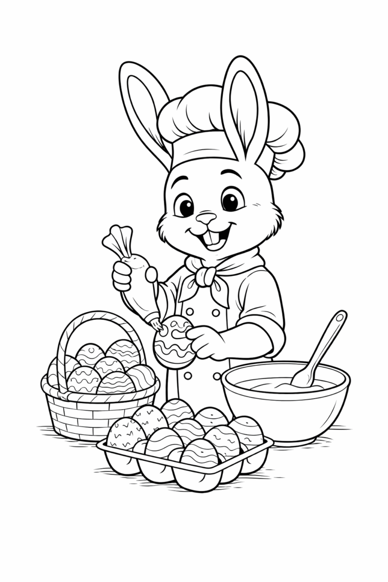 Desenho de coelhinho da Páscoa chef de cozinha preparando ovos para colorir e imprimir