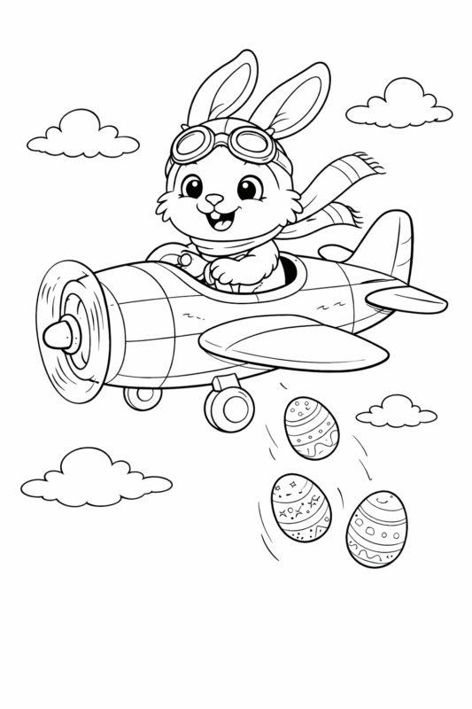 desenho de coelhinho da páscoa aviador distribuindo ovos para colorir  