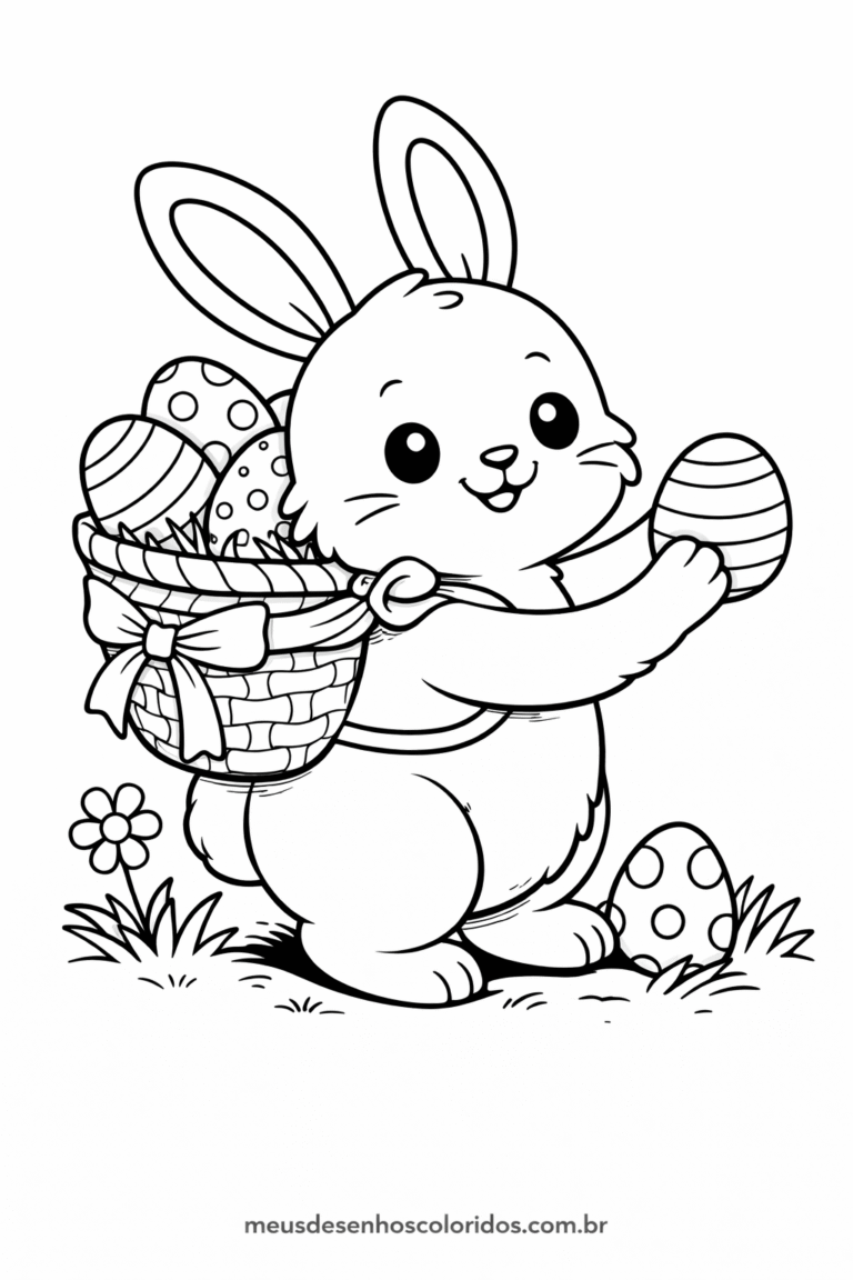 desenho de coelhinho da páscoa com cesta de ovos para colorir