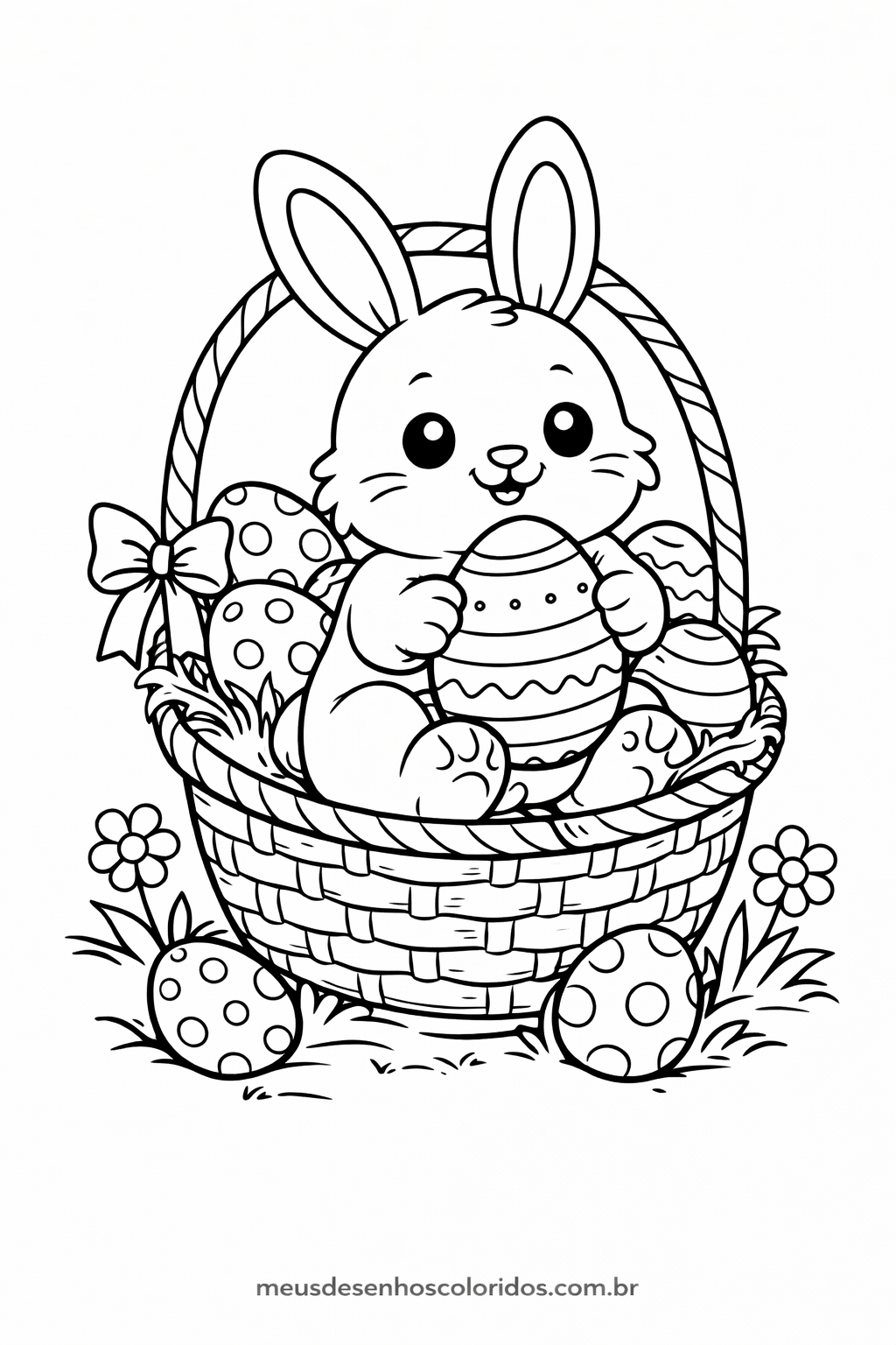 desenho de coelhinho dentro da cesta de páscoa para colorir