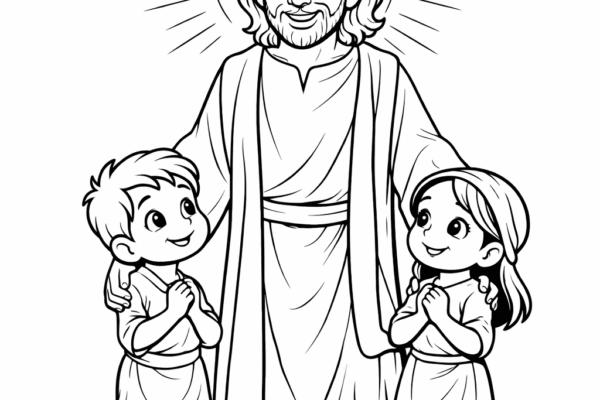Desenho de Páscoa cristã com Jesus e crianças para colorir, atividade infantil religiosa para imprimir