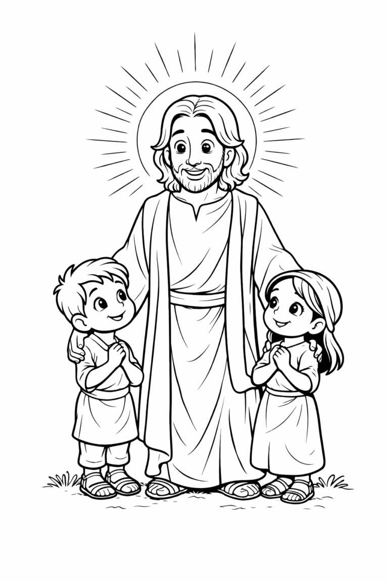 Desenho de Páscoa cristã com Jesus e crianças para colorir, atividade infantil religiosa para imprimir