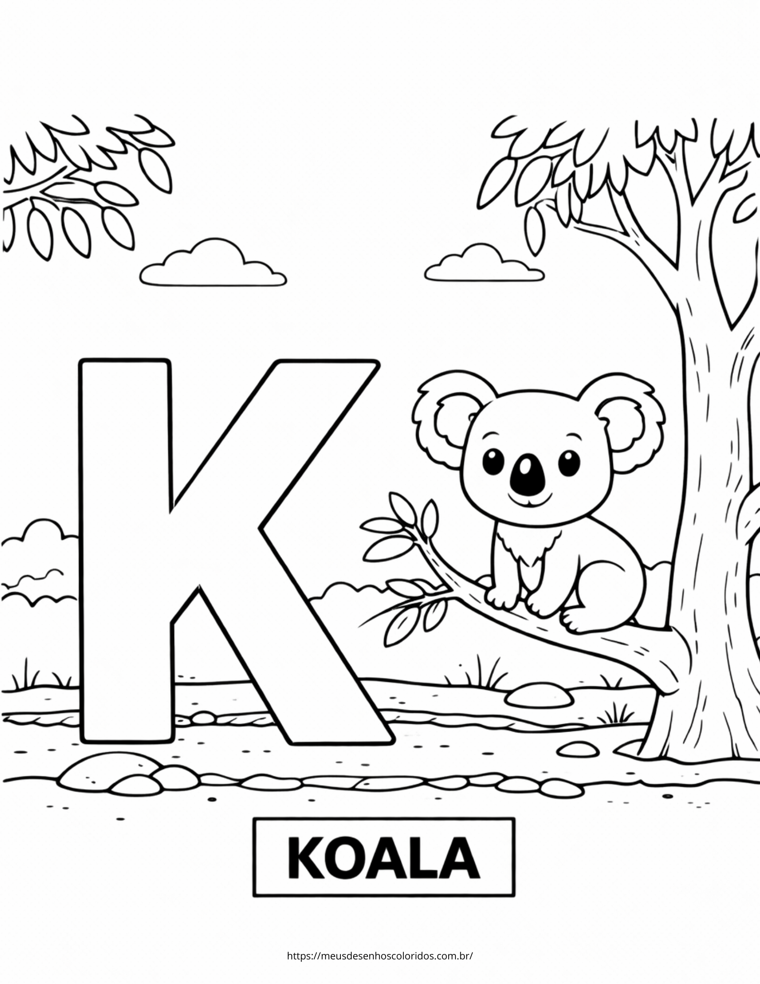 letra K para colorir com desenho de koala atividade infantil