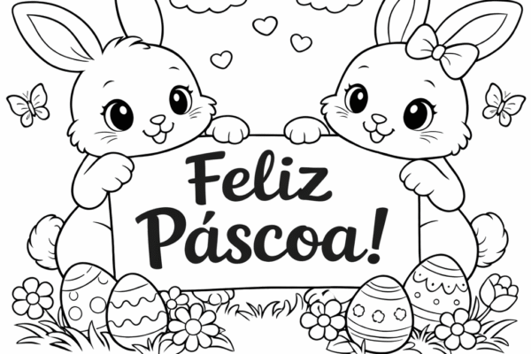 Desenho de coelhinho da Páscoa para colorir e imprimir com cartaz Feliz Páscoa