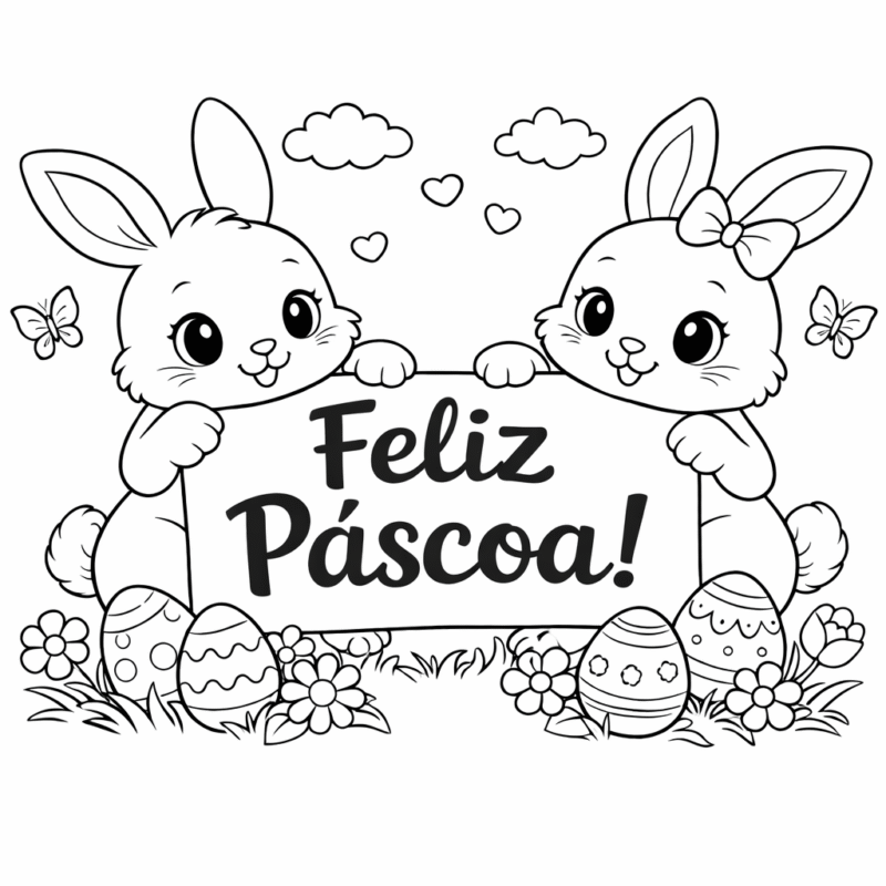 Desenho de coelhinho da Páscoa para colorir e imprimir com cartaz Feliz Páscoa