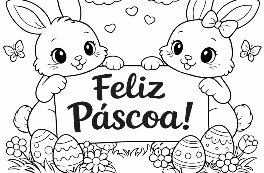 Desenho de coelhinho da Páscoa para colorir e imprimir com cartaz Feliz Páscoa