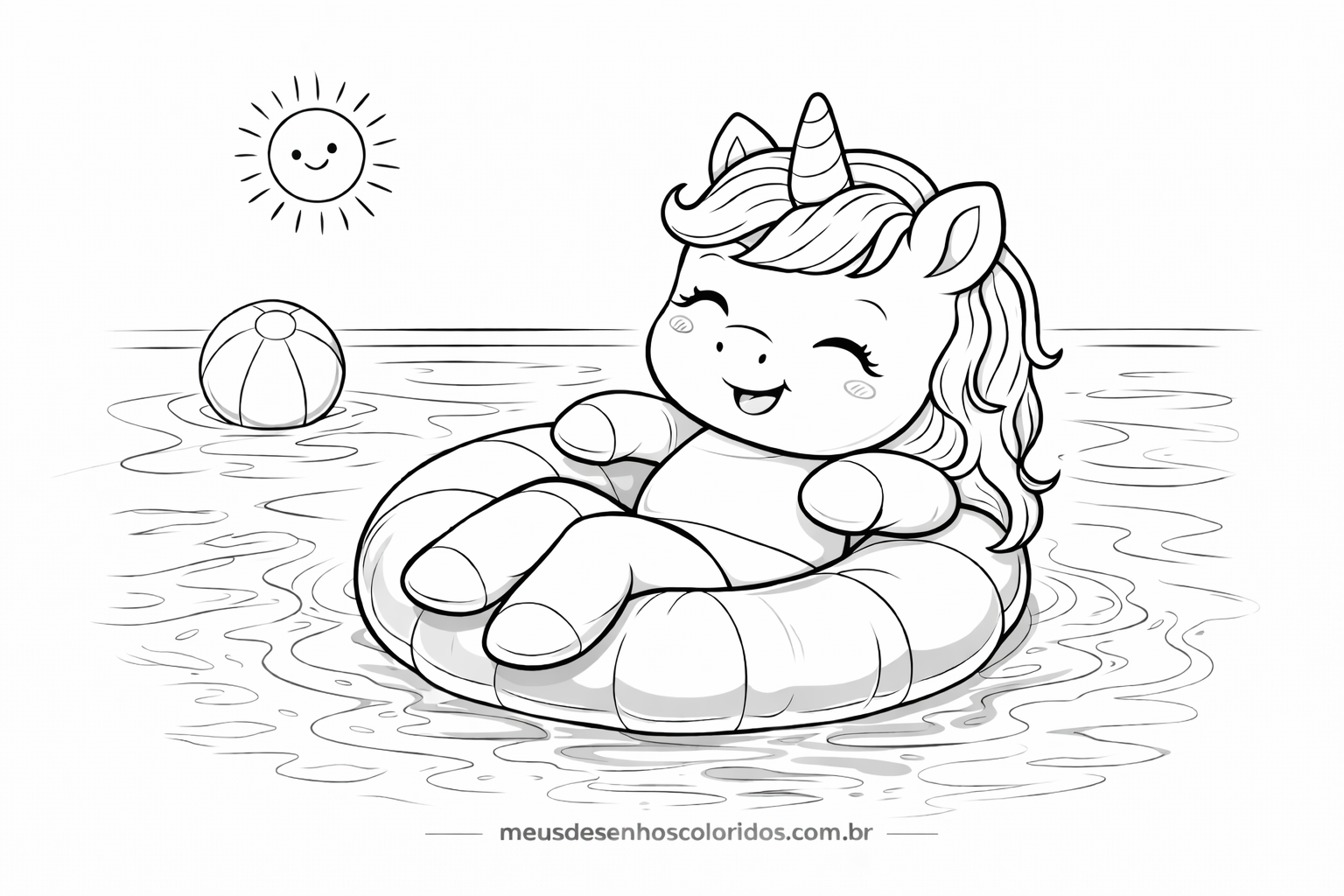 Desenho de unicórnio na piscina para colorir e imprimir
