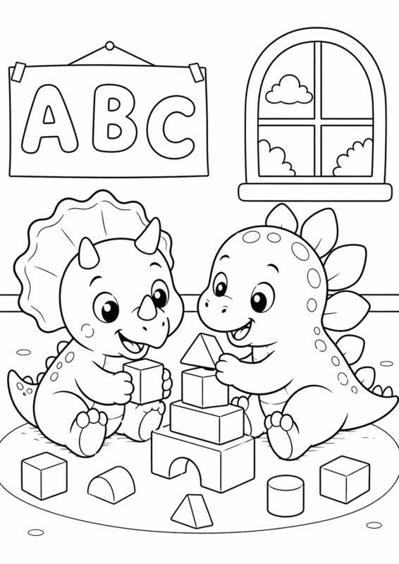 desenho de dinossauro bebê para colorir brincando com blocos