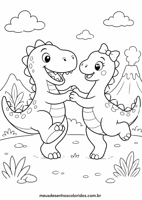 desenho de dinossauro para colorir dois dinossauros dançando