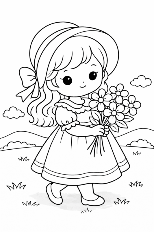 Desenho de menina com flores para colorir em estilo infantil simples