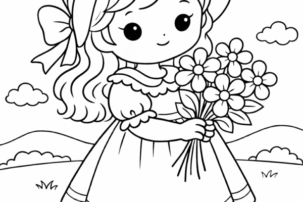 Desenho de menina com flores para colorir em estilo infantil simples