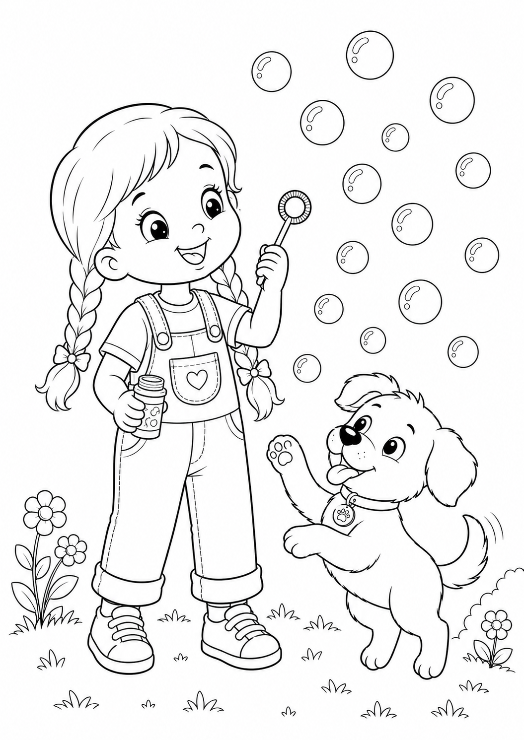desenho de menina com bolhas de sabão e cachorrinho para colorir