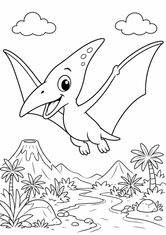 desenho de pterodáctilo para colorir voando sobre paisagem pré-histórica