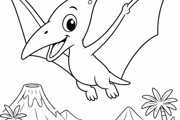 desenho de pterodáctilo para colorir voando sobre paisagem pré-histórica