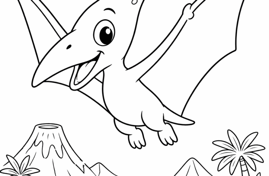 desenho de pterodáctilo para colorir voando sobre paisagem pré-histórica