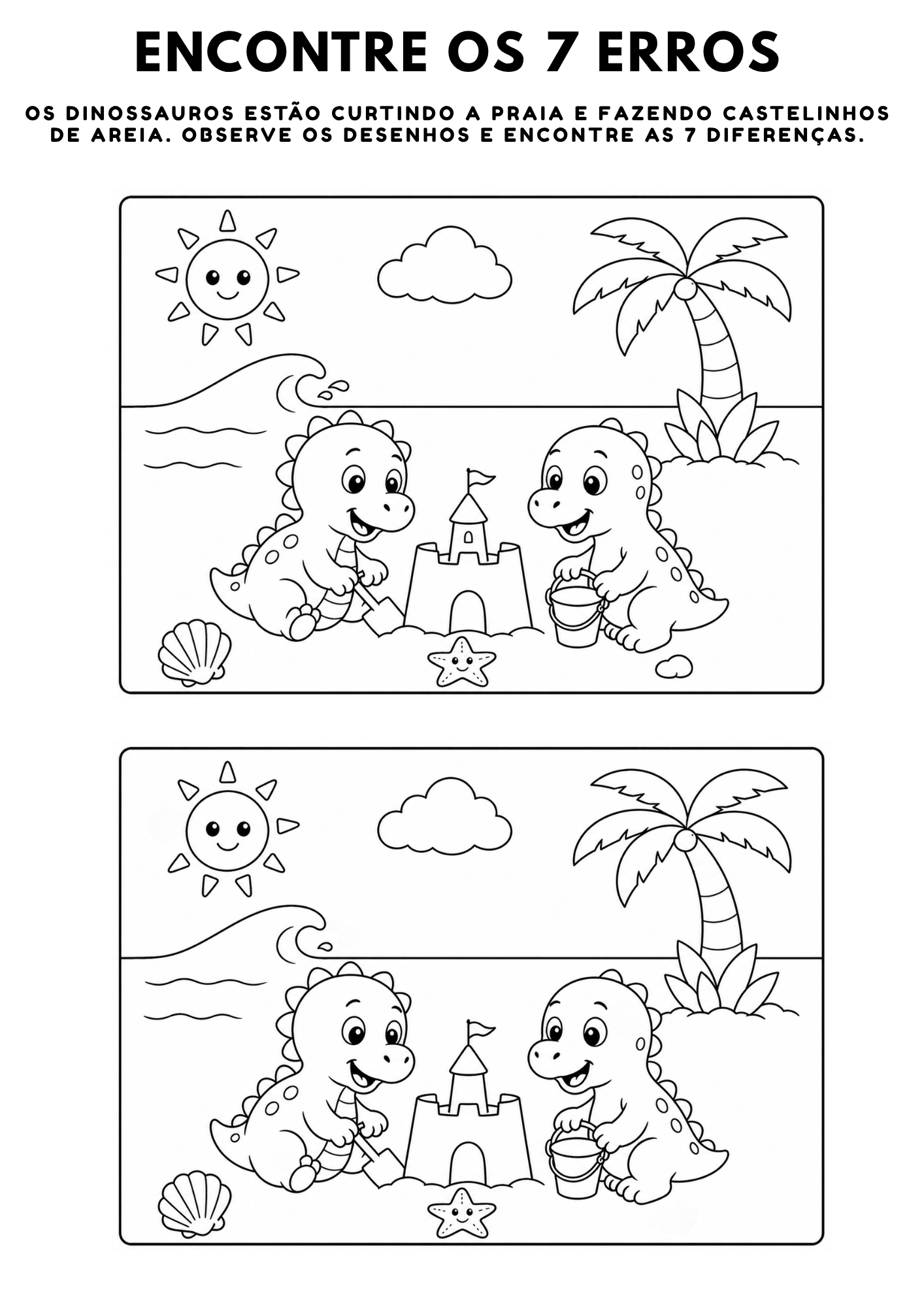 jogo dos 7 erros de dinossauros na praia para imprimir