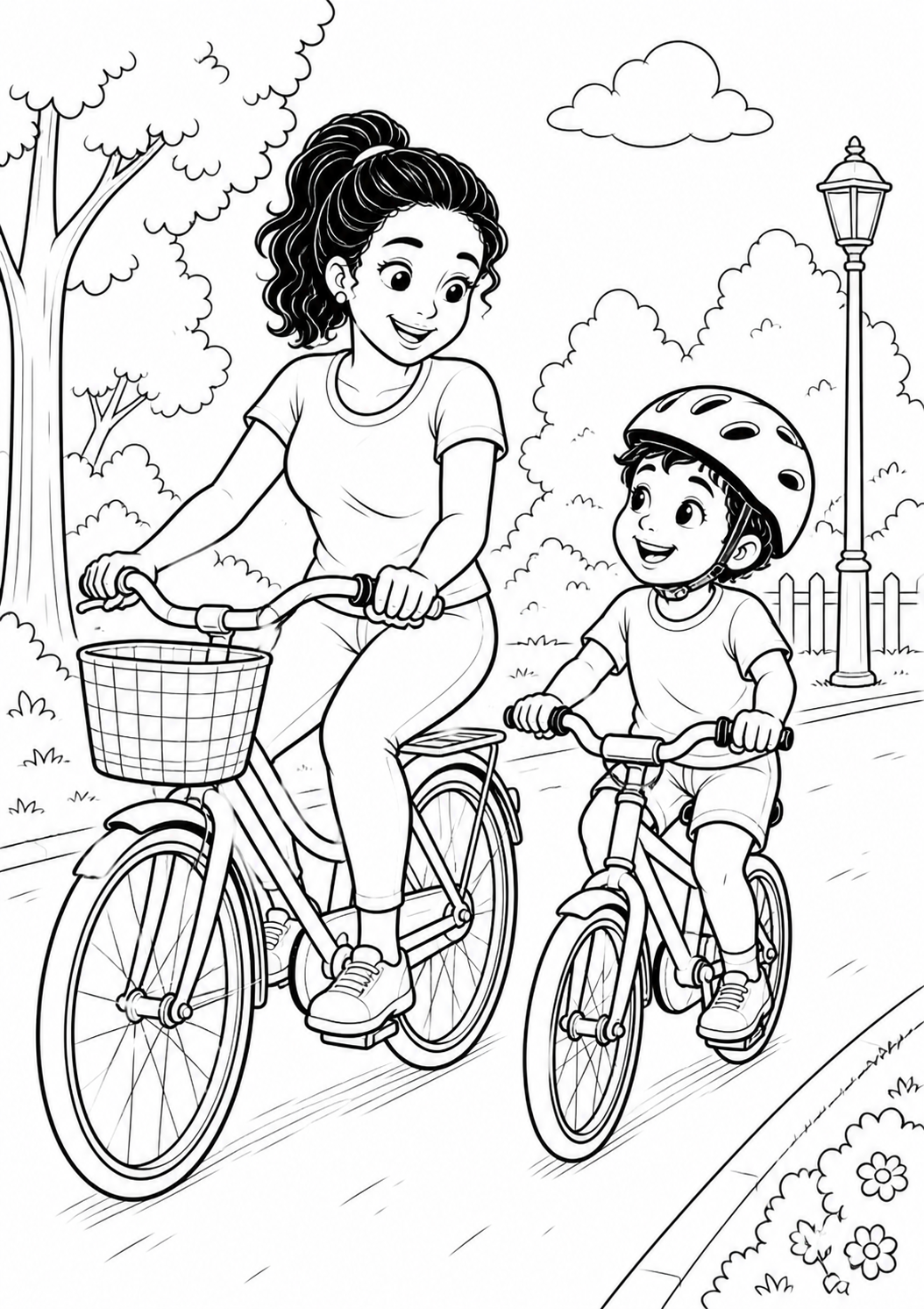 Desenho de mãe e filho andando de bicicleta para colorir em atividade de Dia das Mães.