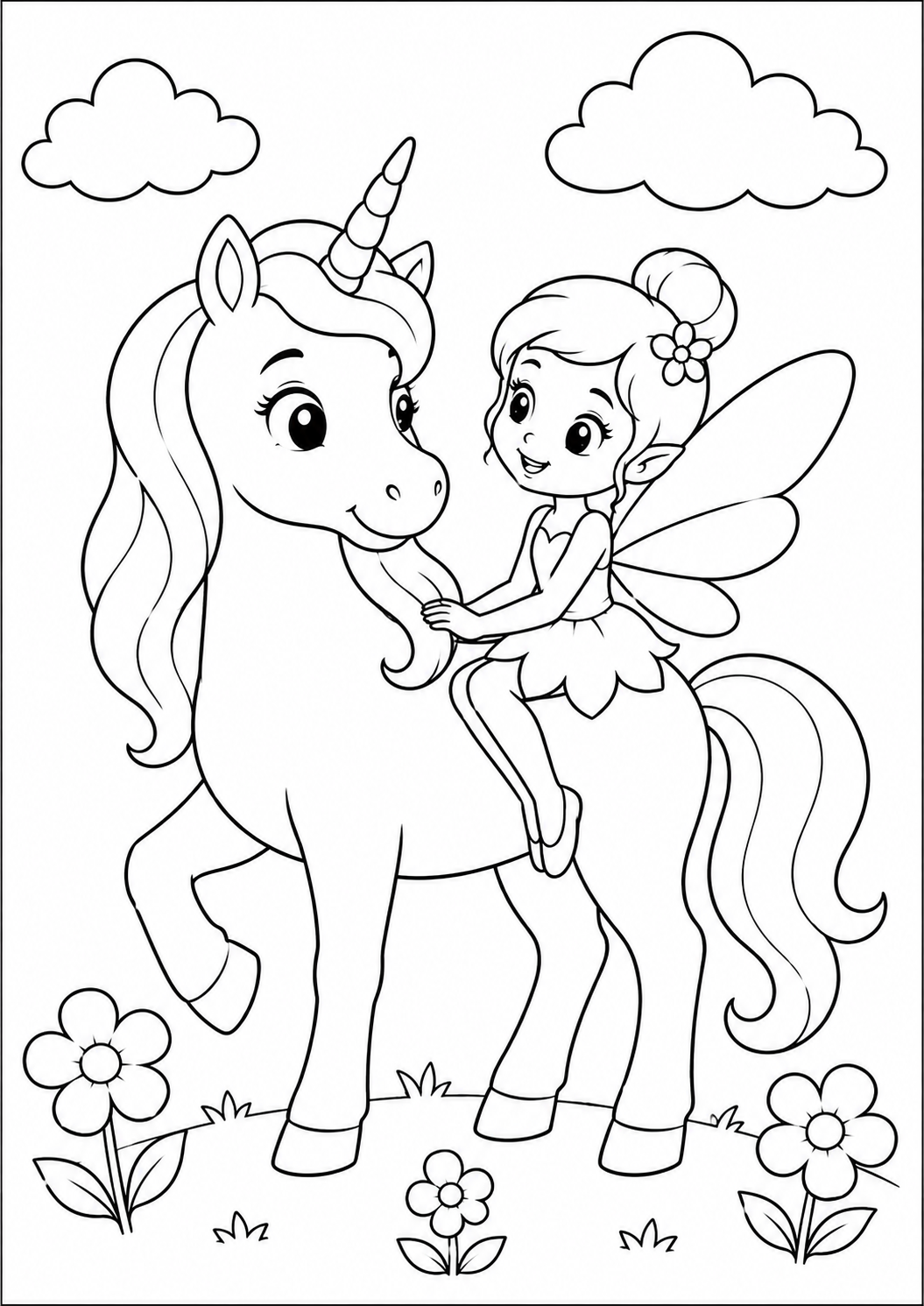 desenho de unicórnio e fada para colorir