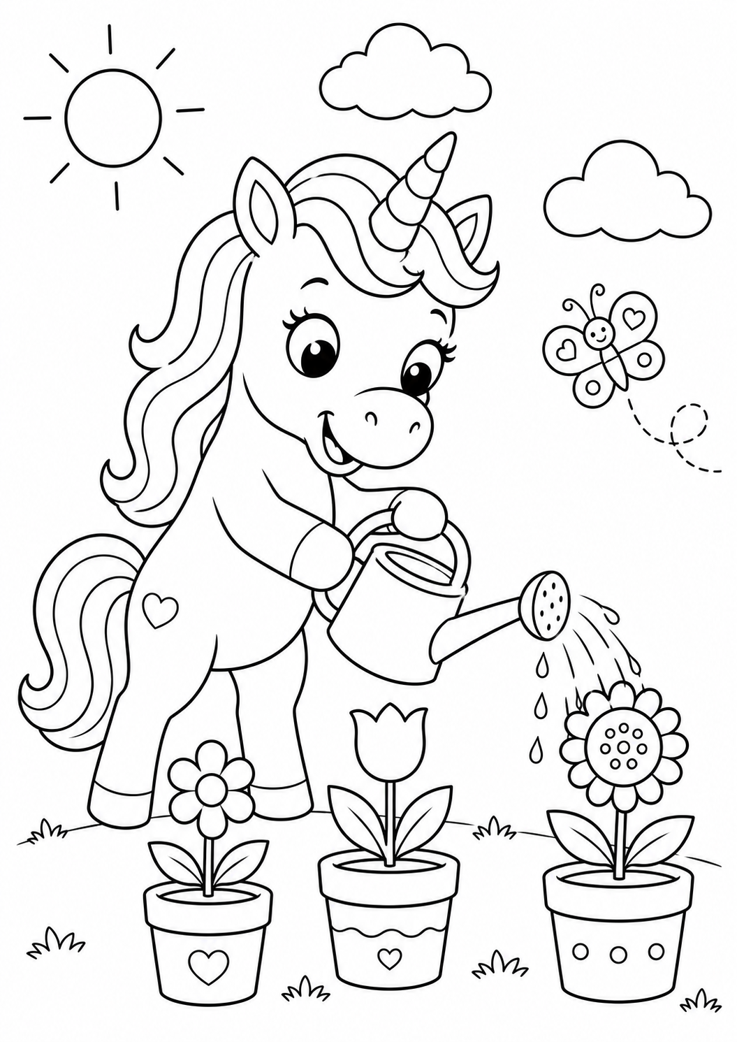 desenho de unicórnio regando flores para colorir e imprimir