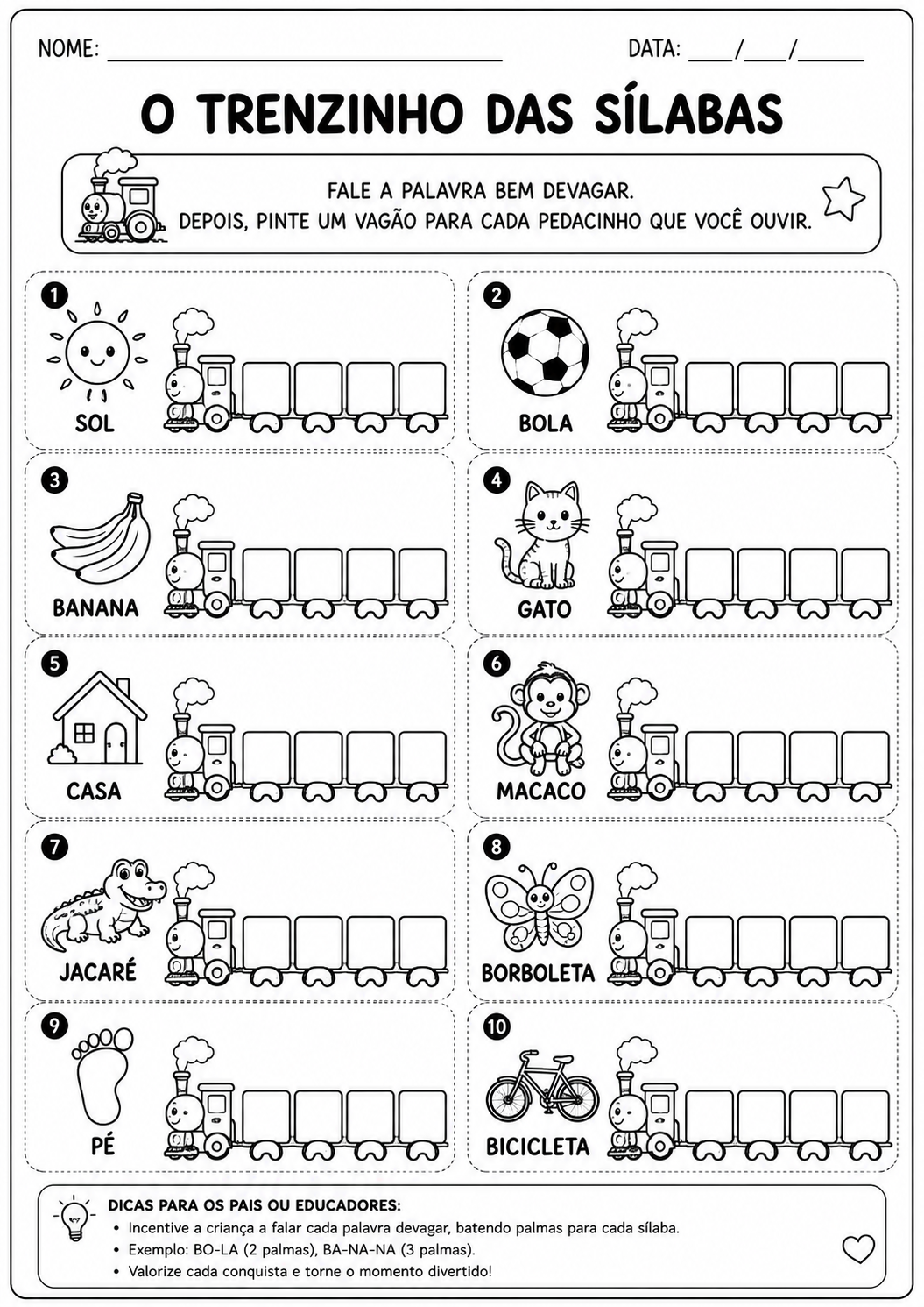Atividade de consciência fonológica para educação infantil com trens e vagões para identificar as sílabas das palavras.
