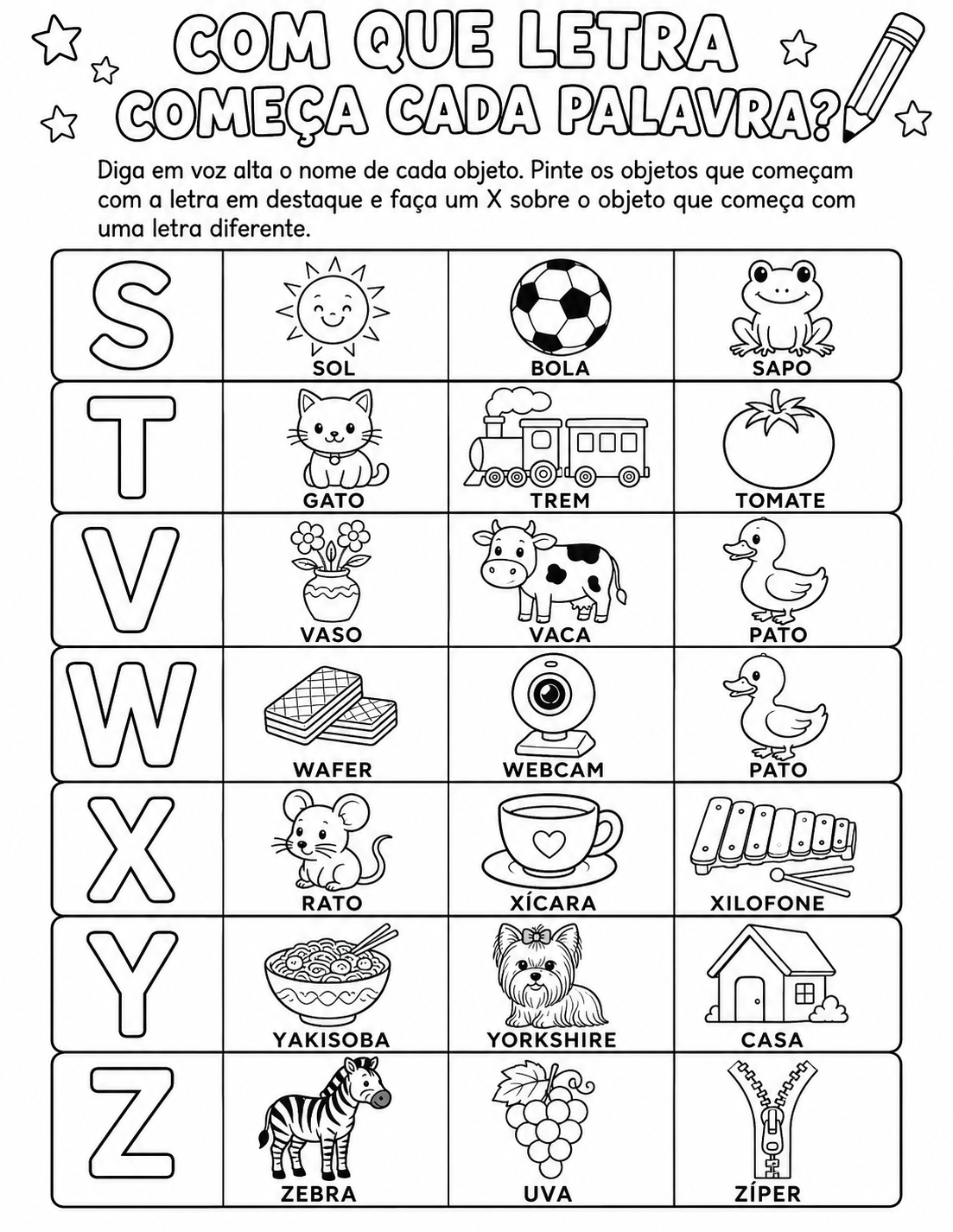Atividade de alfabetização com as letras S, T, V, W, X, Y e Z.
