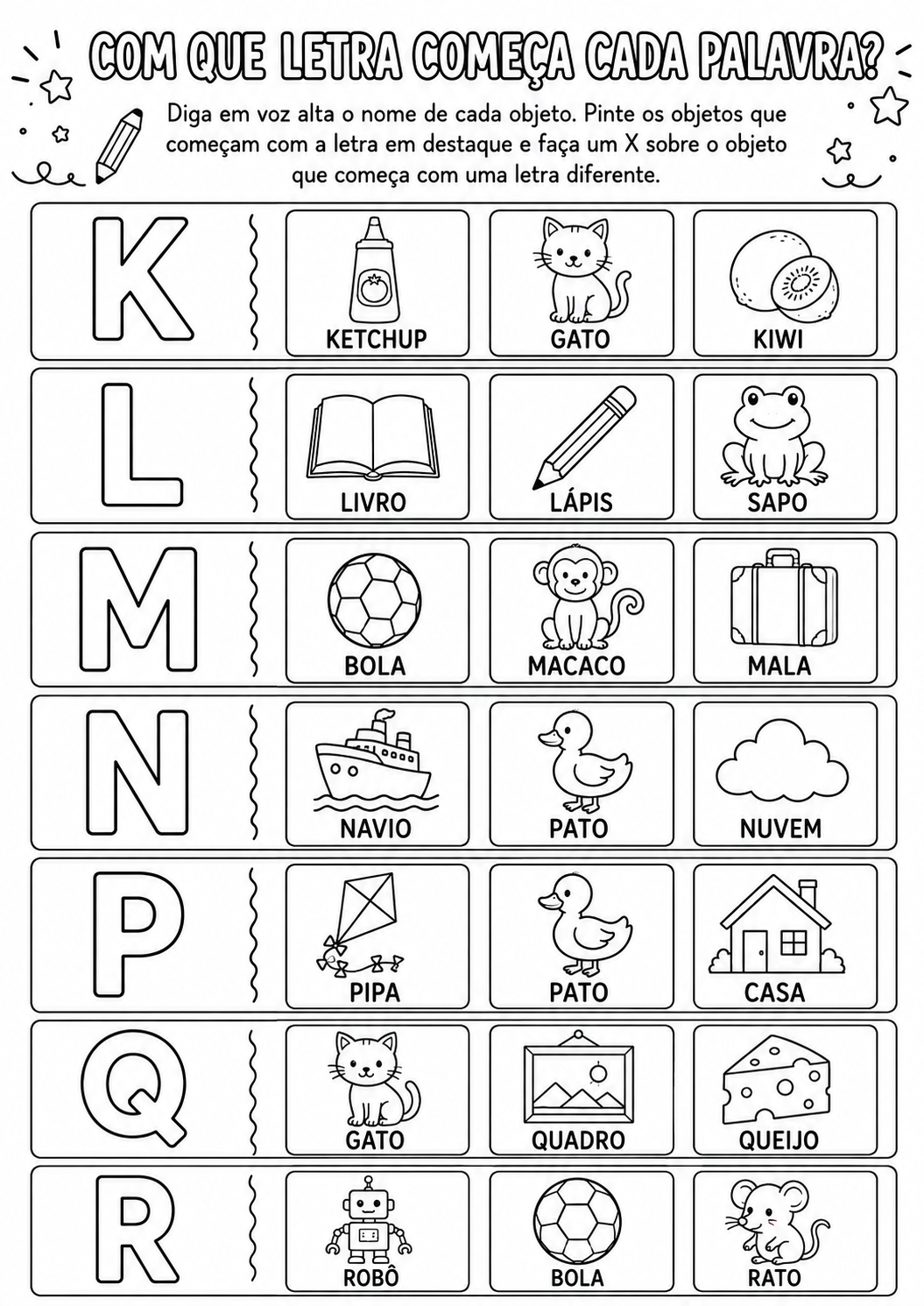 Atividade para identificar a letra inicial com as consoantes K, L, M, N, P, Q e R.