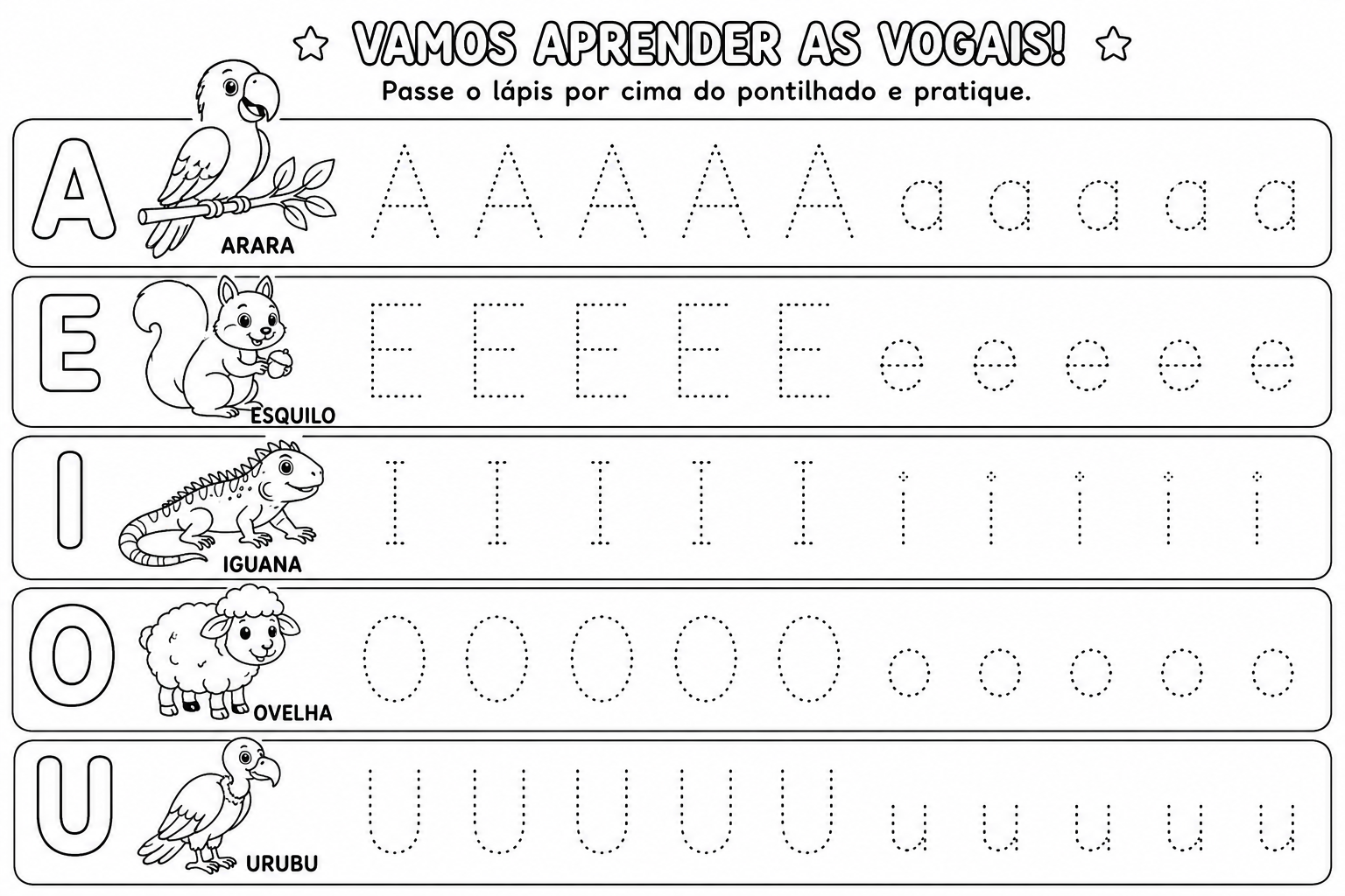 atividade de alfabetização vogais pontilhadas