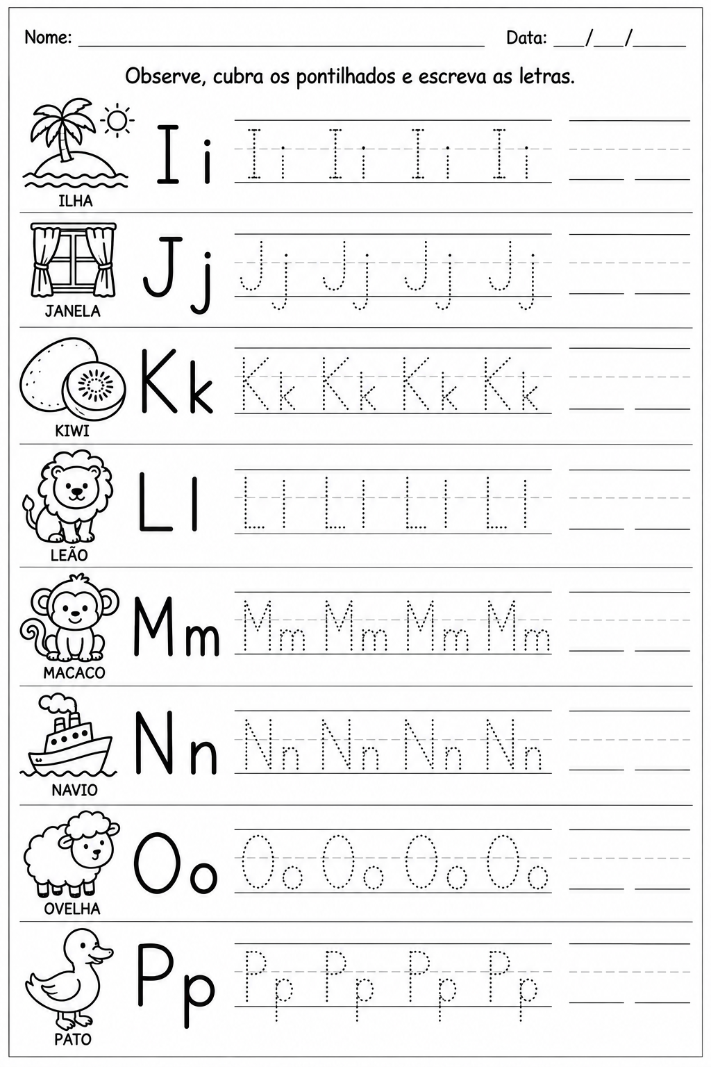 atividade infantil de alfabetização - letras pontilhadas para treinar a escrita