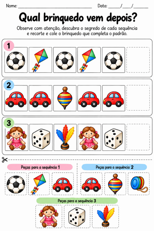 Atividade de sequência lógica com brinquedos para recortar e colar