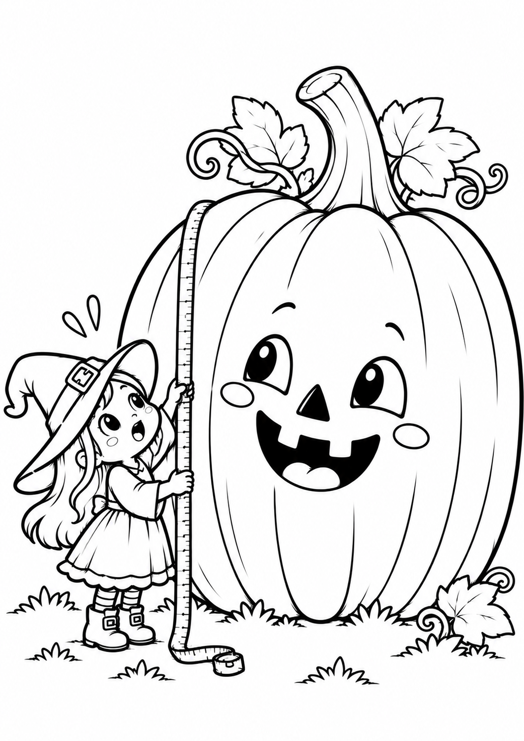 Bruxinha medindo uma abóbora gigante de Halloween para colorir