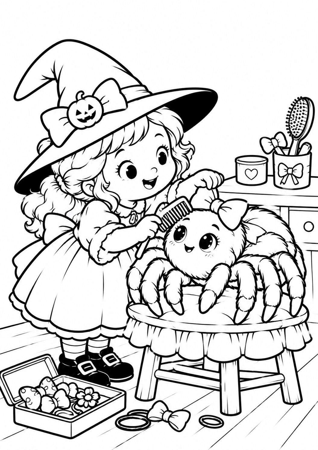 desenho de bruxinha com aranha para colorir