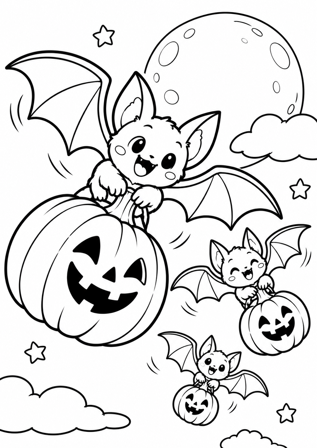 Morceguinhos voando com abóboras de Halloween para colorir